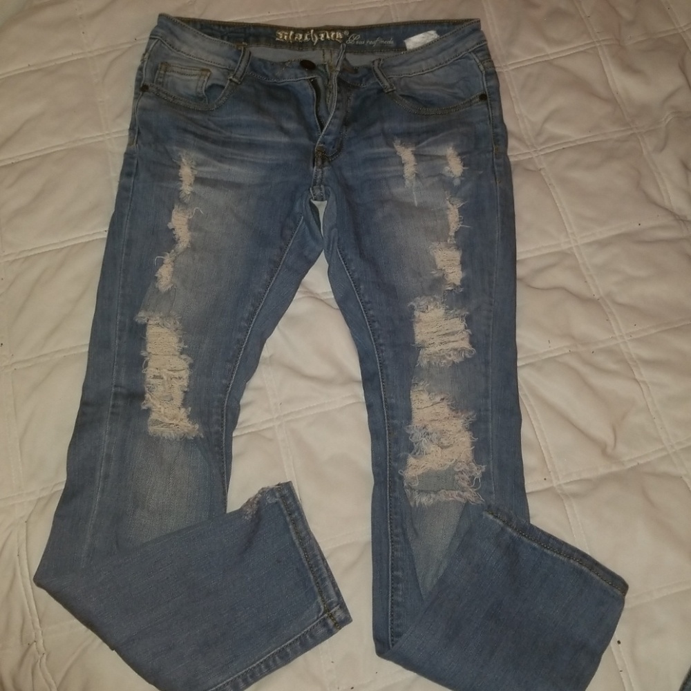 "Machine" distressed/ripped denim jeans